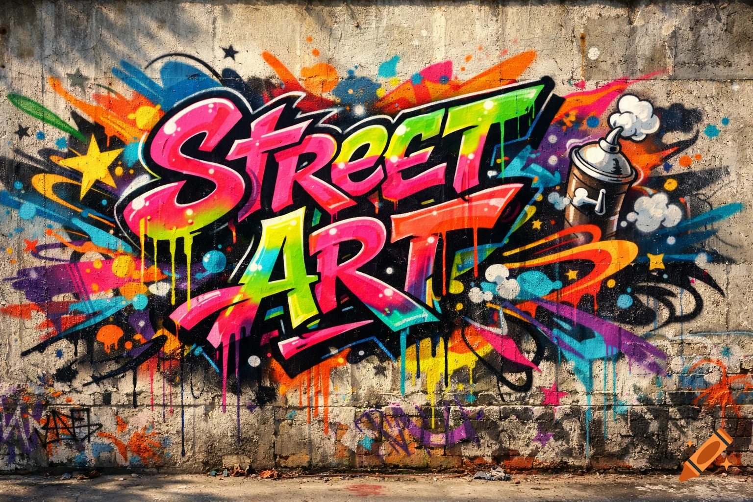 A vibrant and colorful graffiti mural spelling "STREET ART" on a textured concrete wall, featuring paint drips and a spray can illustration.