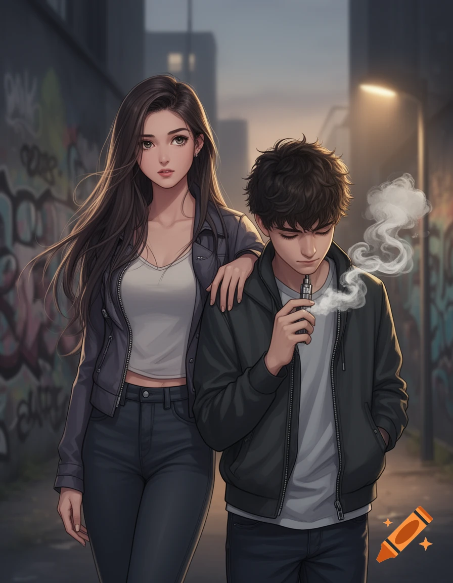 An anime-style illustration of a girl with long dark hair, wearing a jacket, with her arm on a boy's shoulder. The boy is vaping in an urban alley with graffiti.