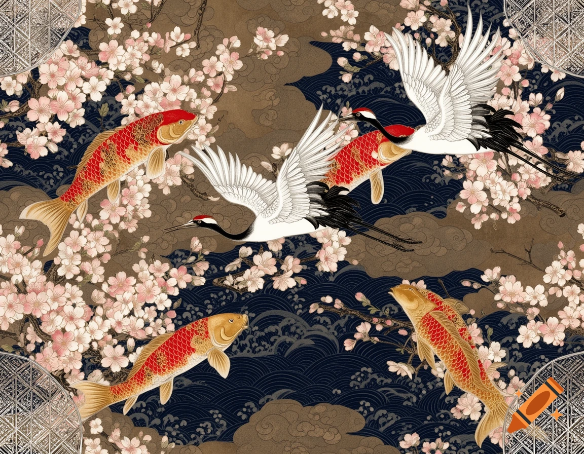 A vibrant Japanese-style wallpaper pattern featuring red and gold koi fish, white cranes, and pink cherry blossoms against a dark blue and brown background.