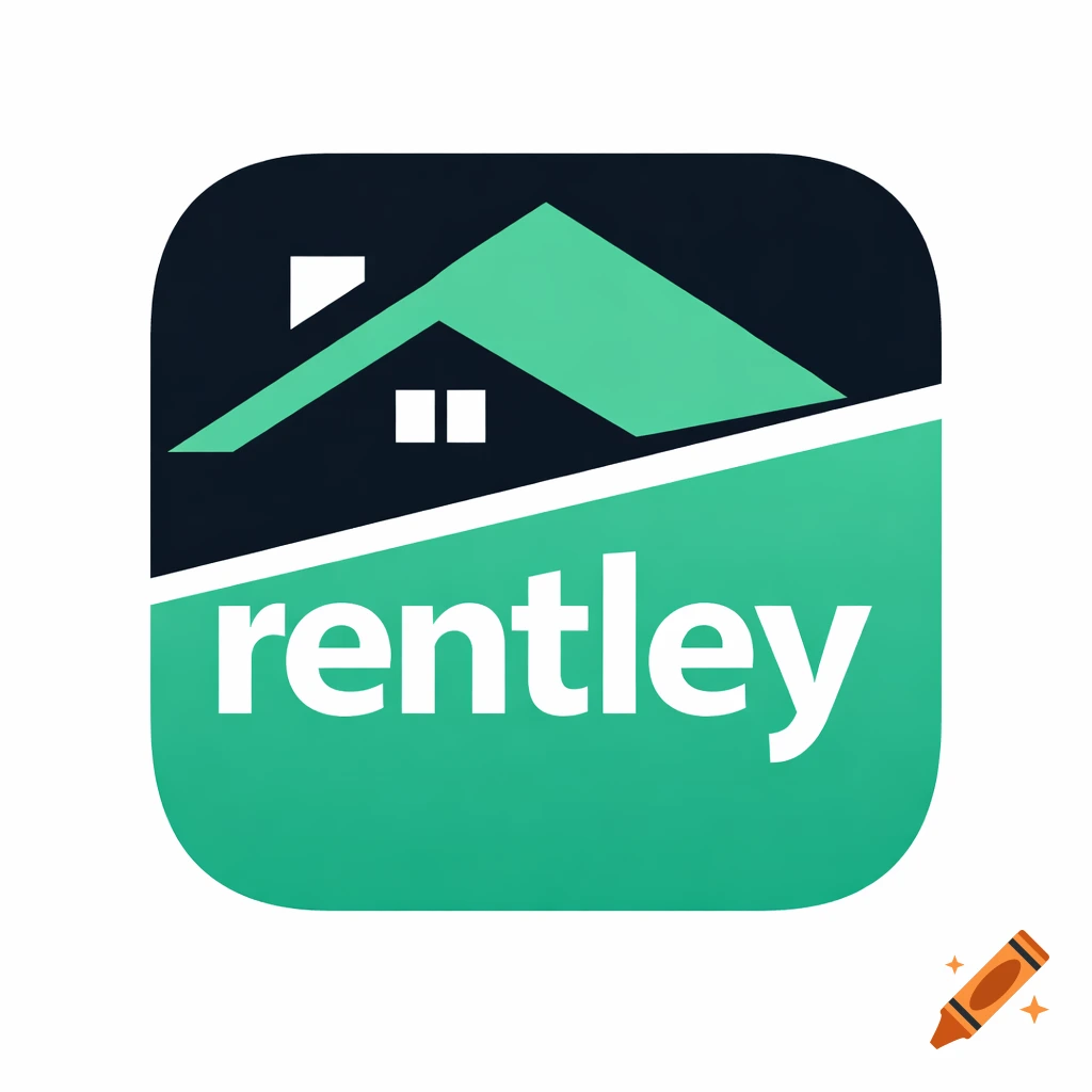 A rounded app icon with a dark blue house roof and a teal green bottom with 'rentley' in white text.