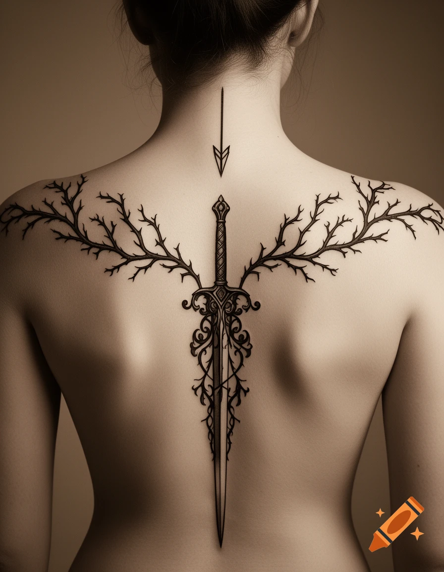 Woman's back with an elaborate gothic ornamental tattoo featuring a dagger, thorny branches, and an arrow.