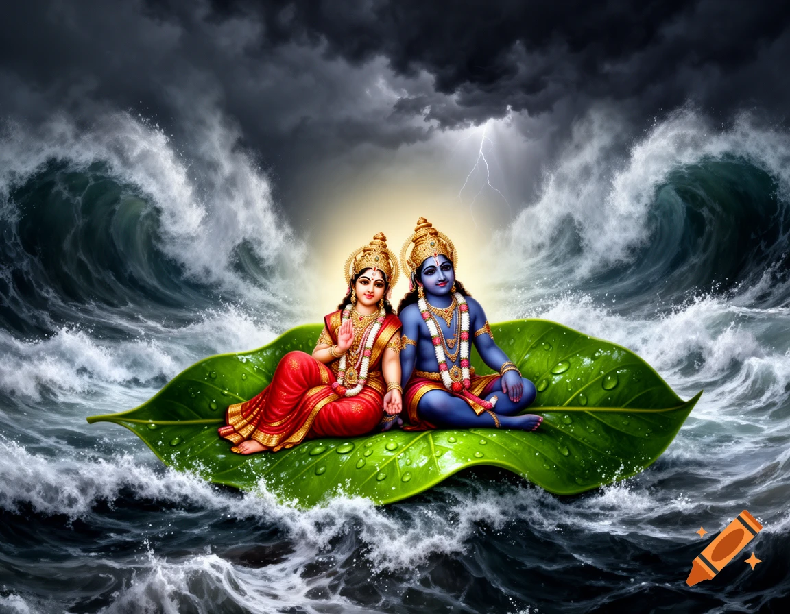 Vibrant depiction of Hindu deities Lakshmi and Narayana on a green leaf floating in a stormy ocean with lightning.