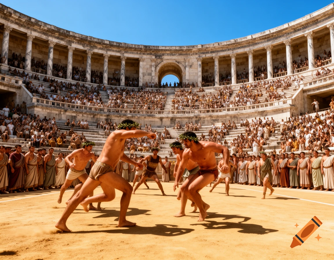 Photorealistic scene of men in loincloths competing in a sandy arena, surrounded by spectators in a vast ancient amphitheater.