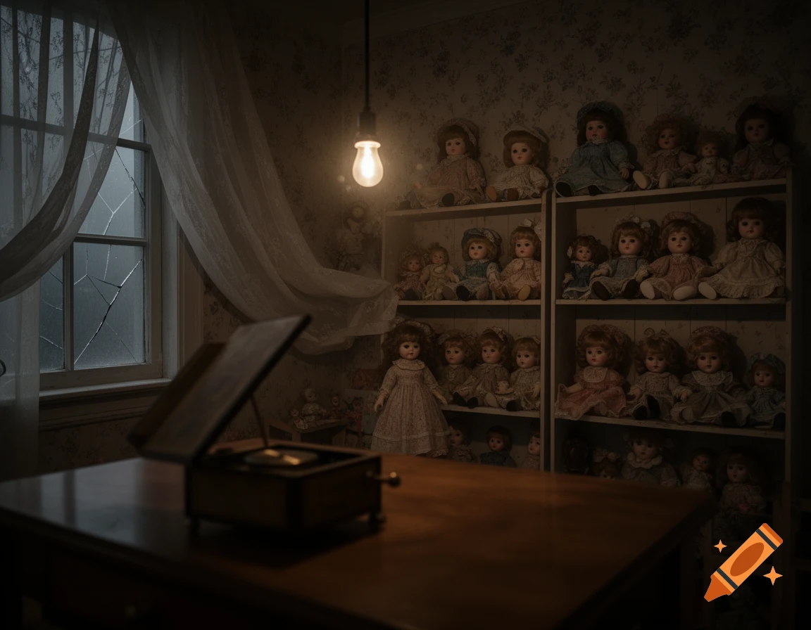 A dimly lit room with shelves of antique dolls, an open music box on a table, and a broken window with sheer curtains, evoking an eerie atmosphere.