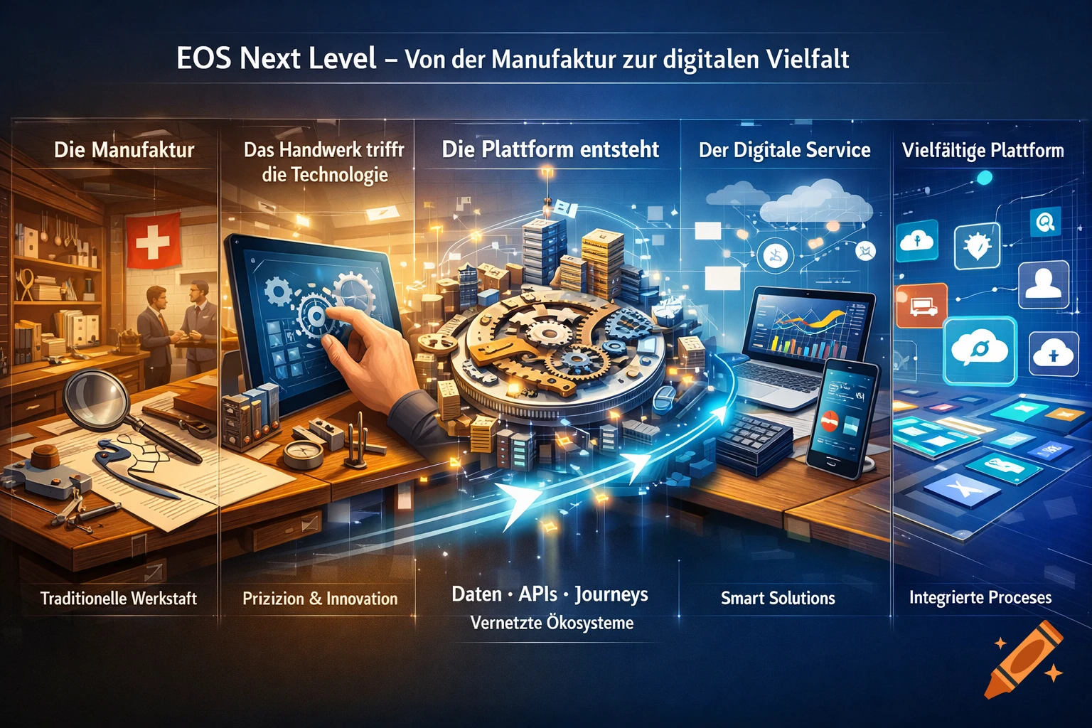An infographic showing a transformation from a traditional Swiss workshop to a digital, networked platform with various technology elements.