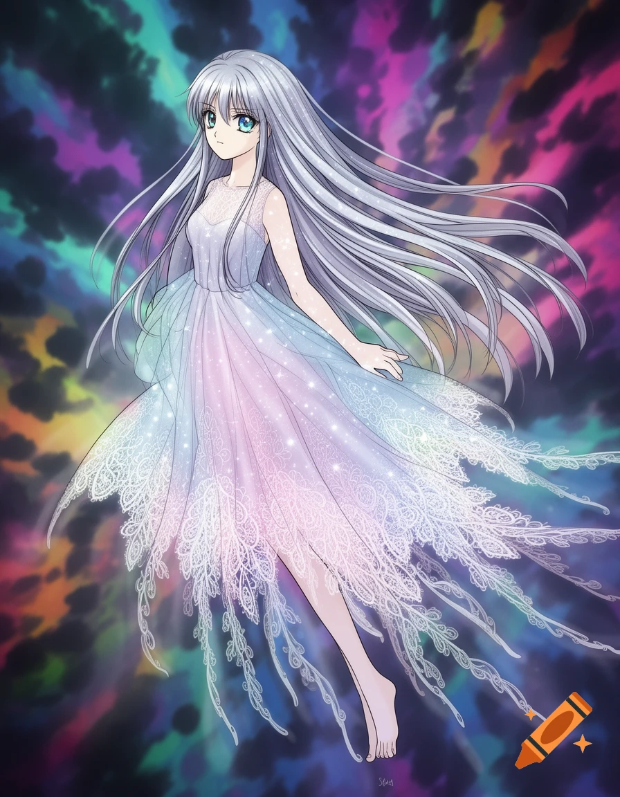 An anime girl with long silver hair and blue eyes, wearing a sparkling, flowing pastel dress with white lace details, floats against a vibrant, swirling abstract background.