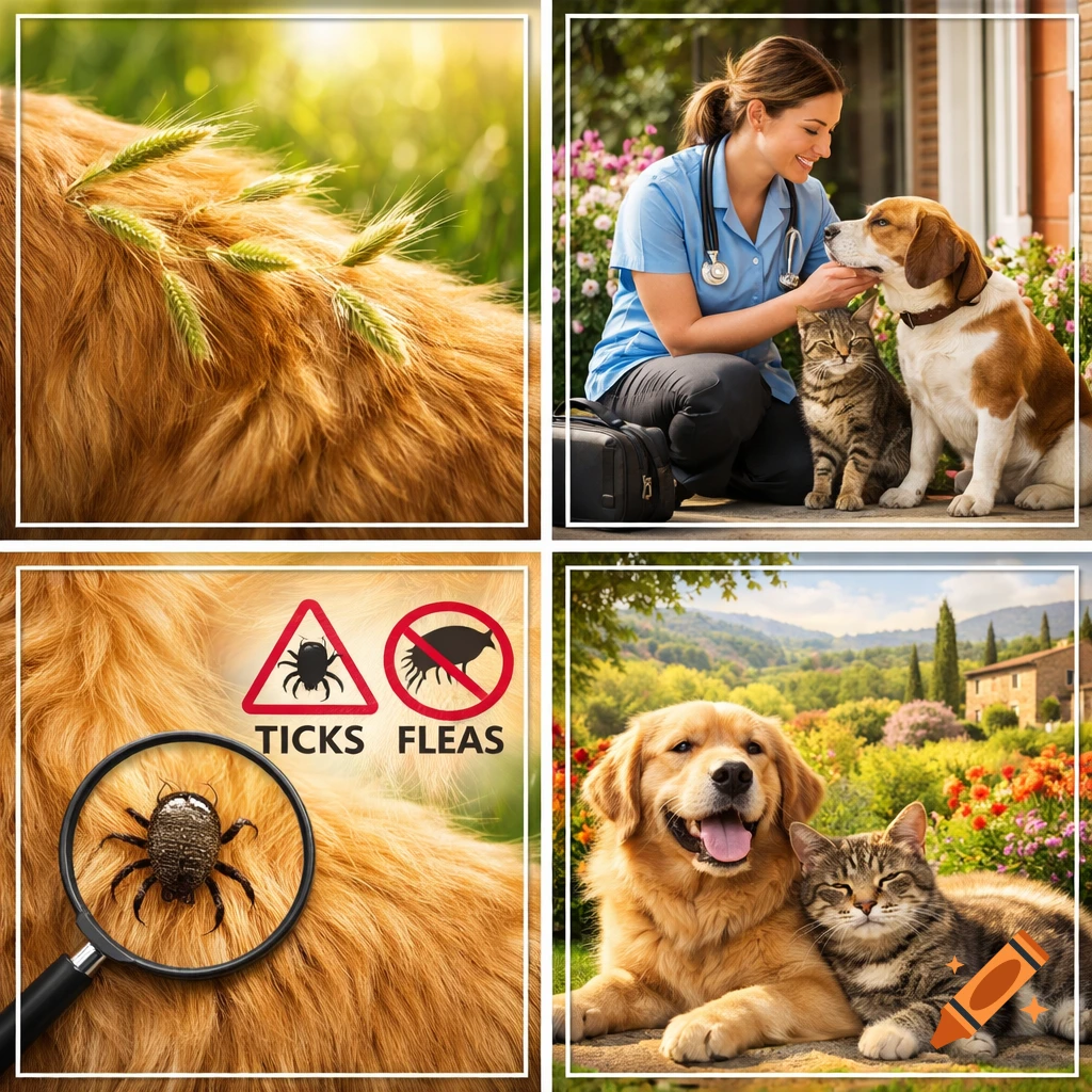 A 2x2 grid collage of spring pet care scenes, featuring a golden retriever, a veterinarian with pets, tick and flea warnings, and a dog and cat relaxing in a garden.