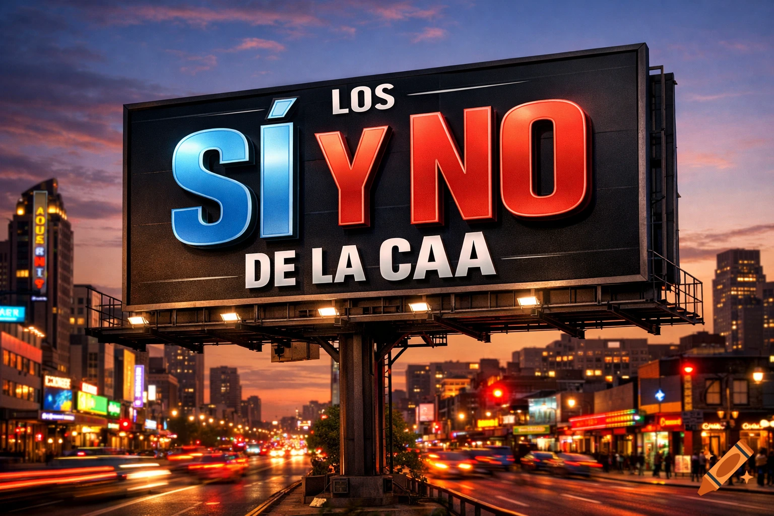 A large illuminated billboard displaying "LOS SÍ Y NO DE LA CAA" stands prominently on a busy city street at dusk, with car light trails.