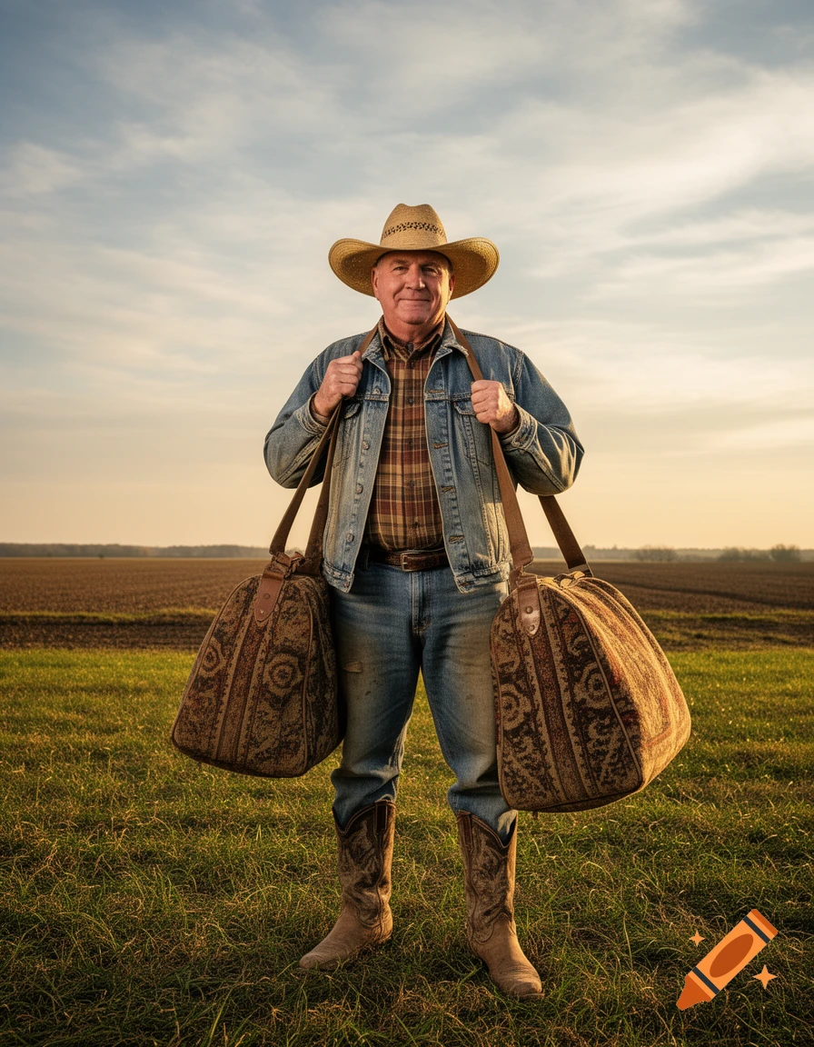 A man in a cowboy hat, denim jacket, and jeans, holds two patterned carpet bags over his shoulders in a grassy field at sunset.