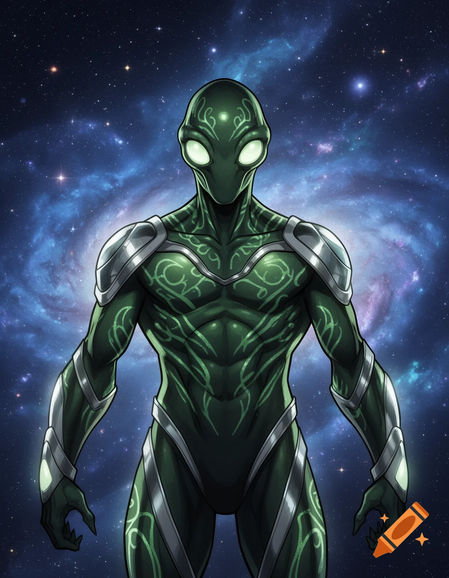 A comic book style illustration of a dark green alien with glowing eyes and patterned armor, standing against a vibrant galaxy background.