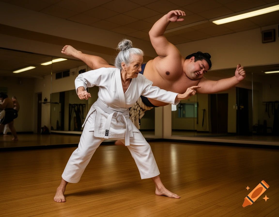 An elderly woman in a white karate gi throws a shirtless sumo wrestler over her back in a dojo.