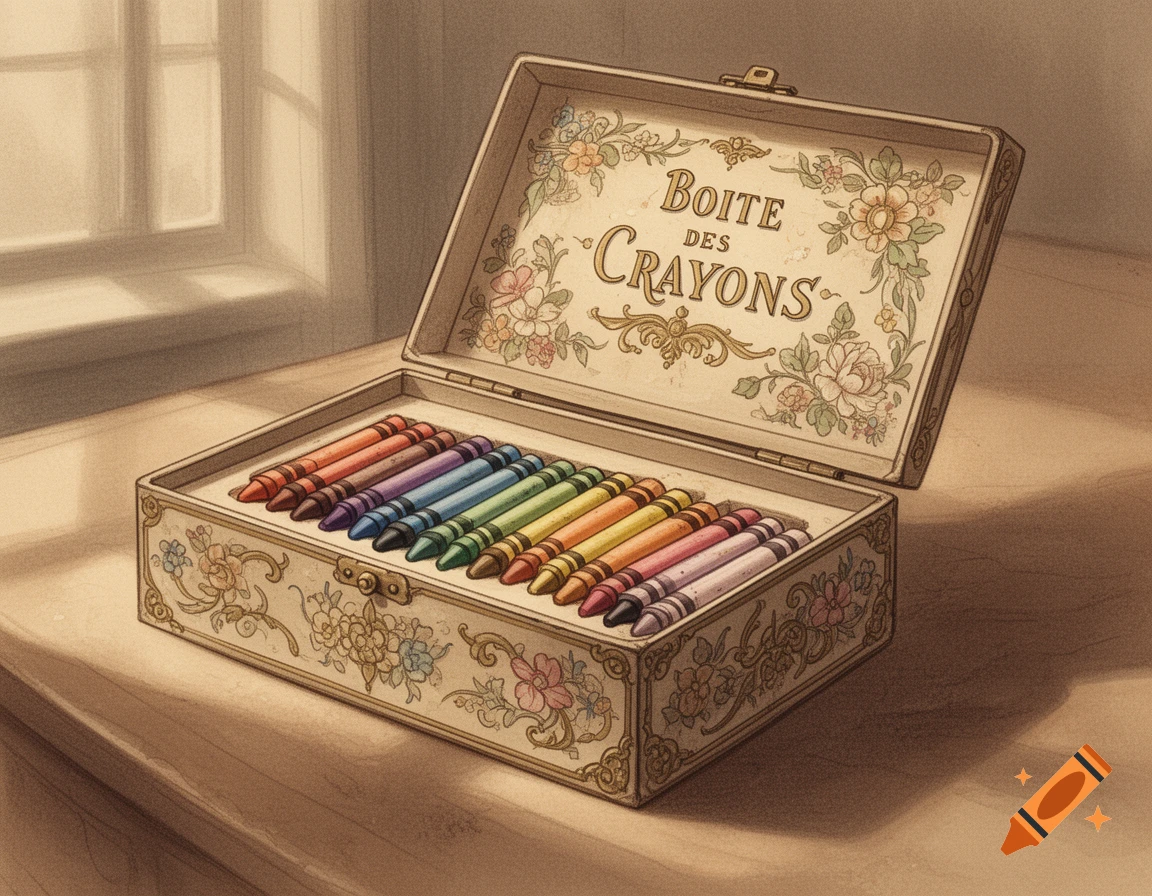 An ornate vintage illustration of an open box of colorful crayons on a wooden table by a window. The lid reads 'Boite DES CRAYONS'.