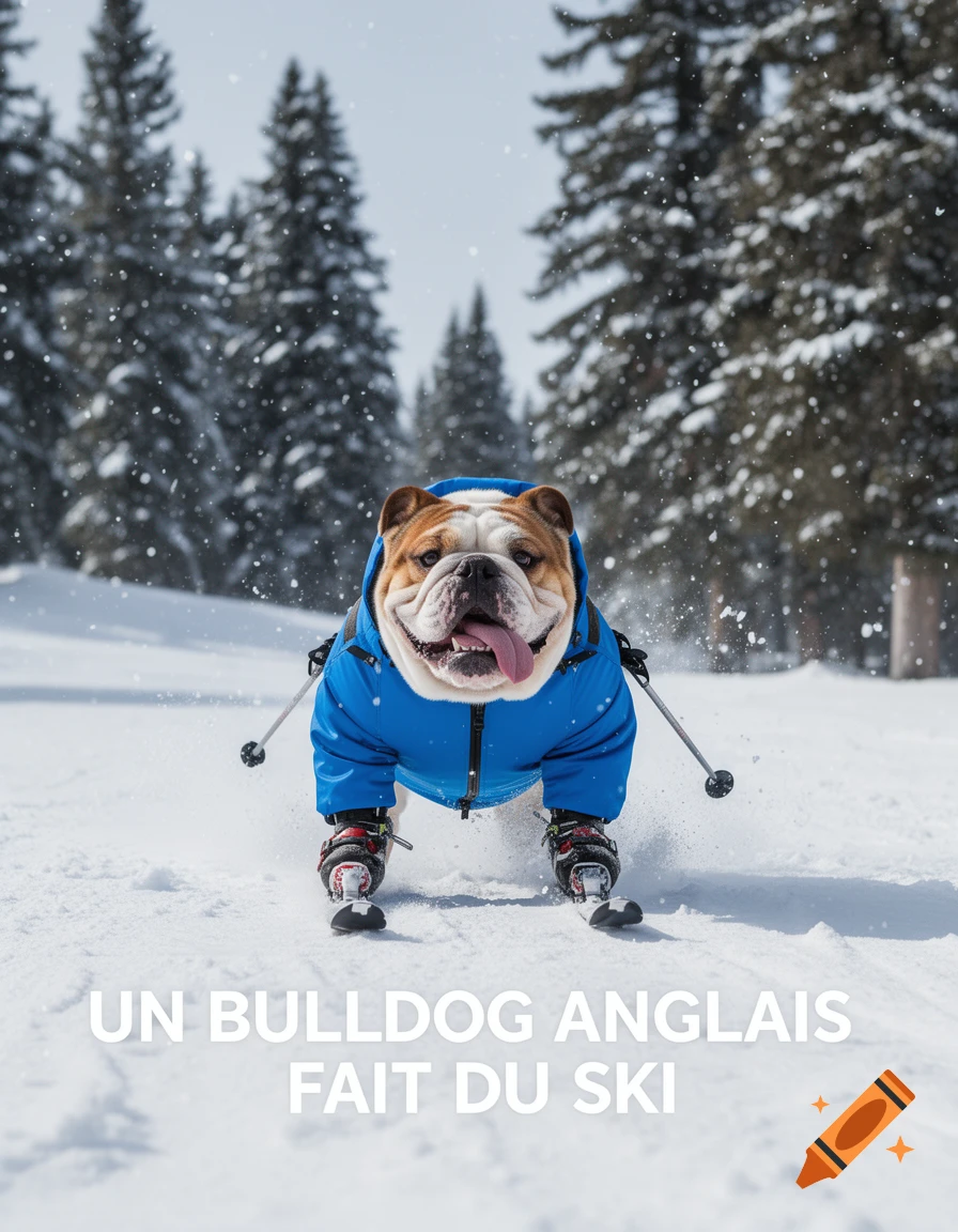 A happy English bulldog in a blue jacket and ski boots, holding ski poles, skis down a snowy slope in a forest. Photorealistic style.