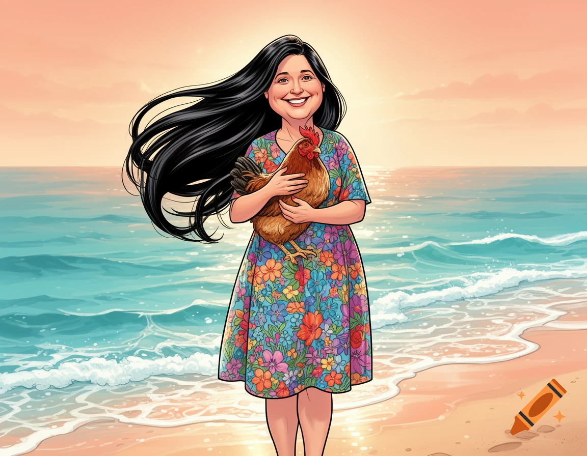 A smiling woman with long black hair, wearing a floral dress, holds a chicken on a sunny beach by the ocean in a vibrant comic style.