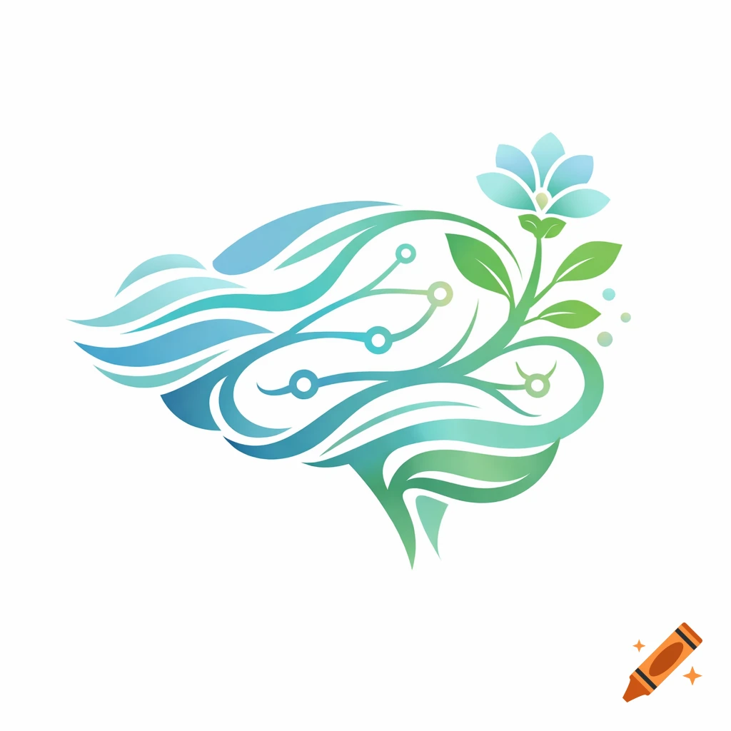 Abstract logo: brain formed by blue-green flowing lines, neural pathways, and a blue flower, symbolizing growth and healing.
