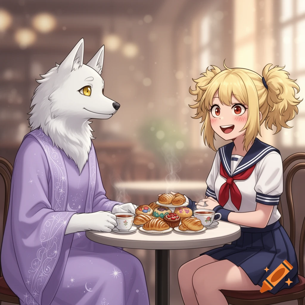 Anime-style illustration of a white wolf-like furry and a blonde anime girl in a school uniform having pastries and tea at a cafe.