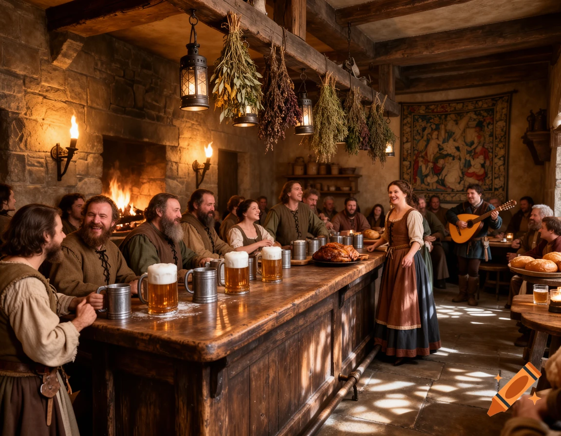 Lively medieval tavern filled with people enjoying food, drinks, and music, with a woman at the bar and a man playing a lute.