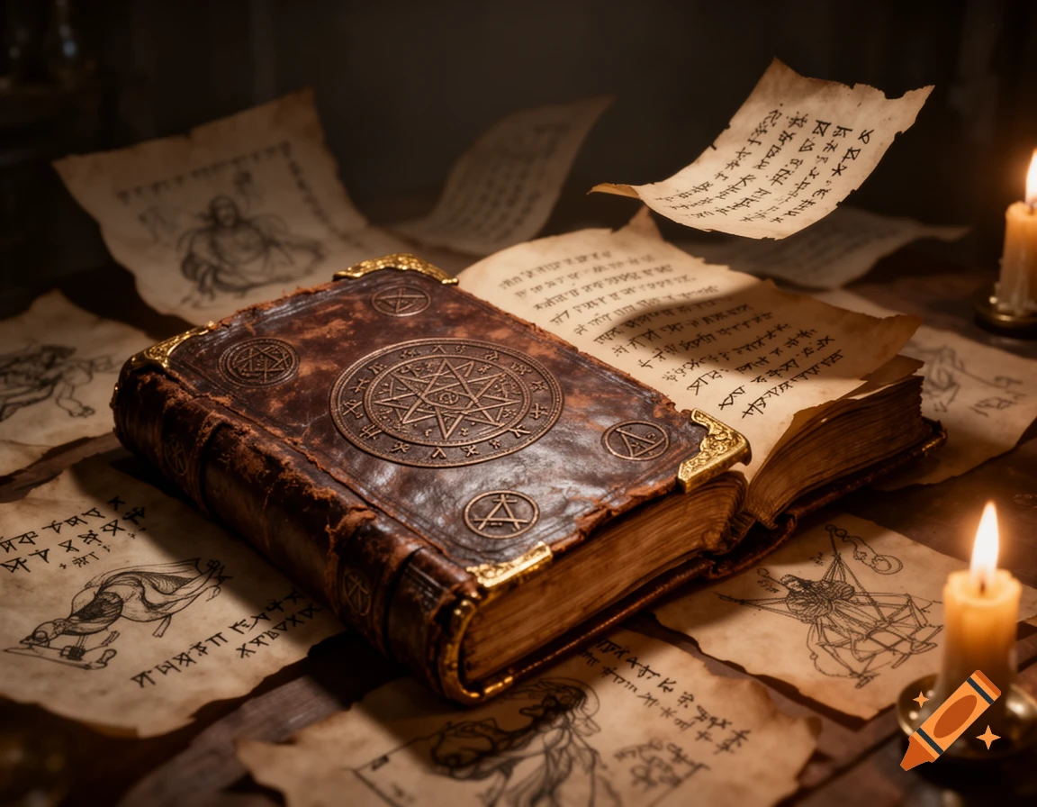 A detailed, ornate leather-bound grimoire with metallic symbols lies open on a dark wooden table, surrounded by scattered, crumpled pages with illegible text and ancient drawings. Two lit candles illuminate the mystical scene.