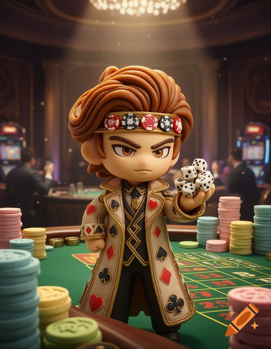 A stern-looking chibi character with brown hair, wearing a card suit patterned coat, stands on a casino table holding dice amidst poker chips.
