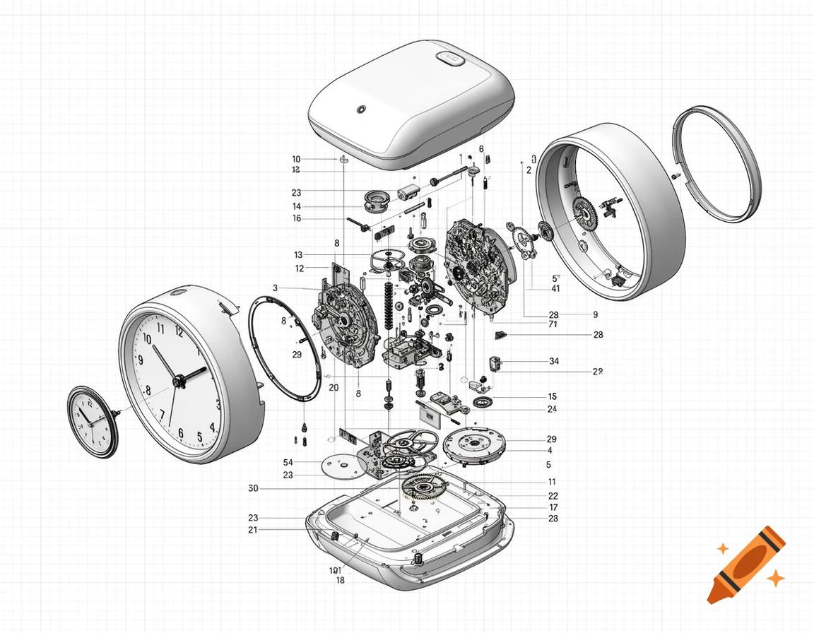 Exploded view technical drawing of an alarm clock, showing internal components with numbered labels on a grid background.