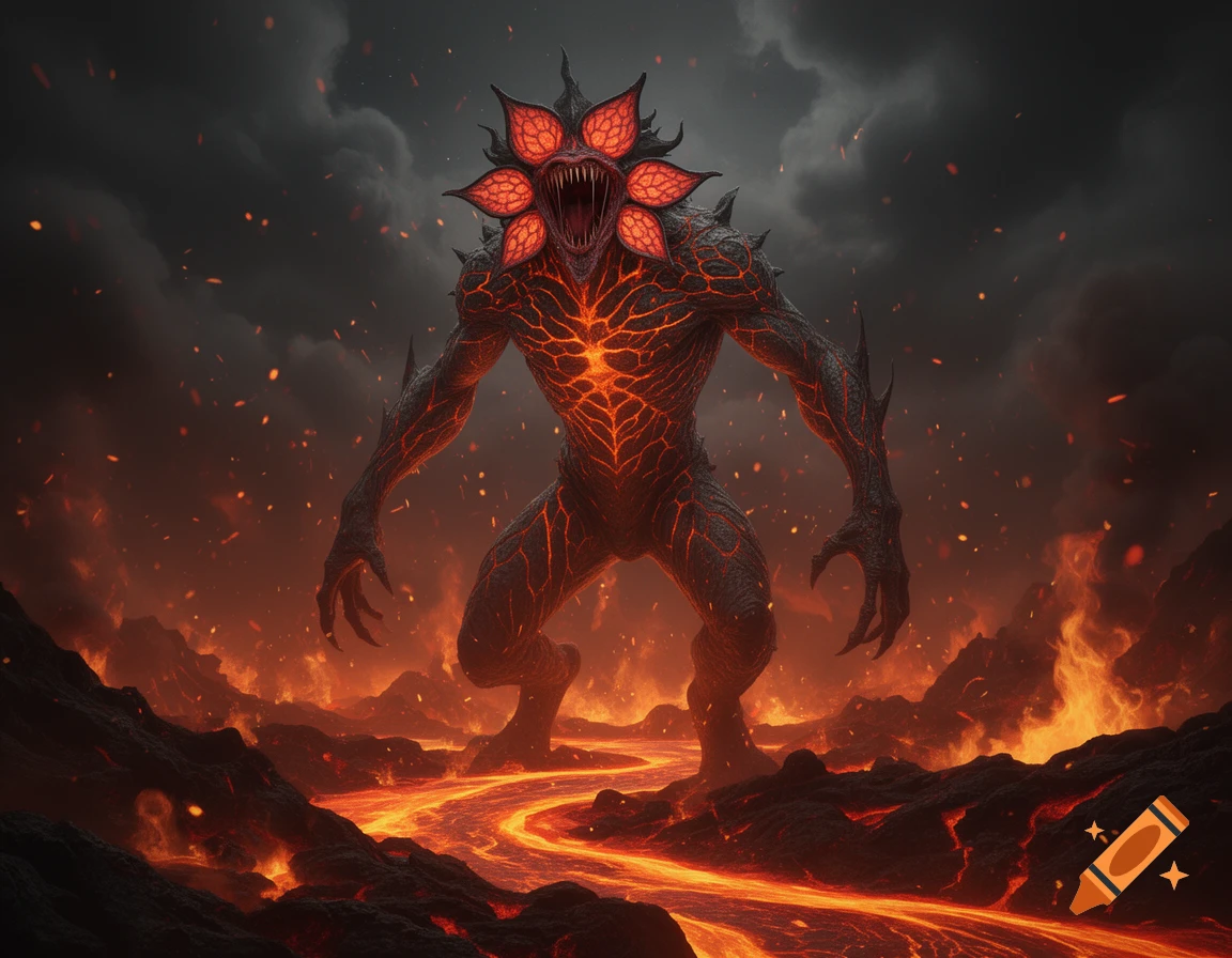A menacing fiery monster with a flower-like head, sharp teeth, and ...