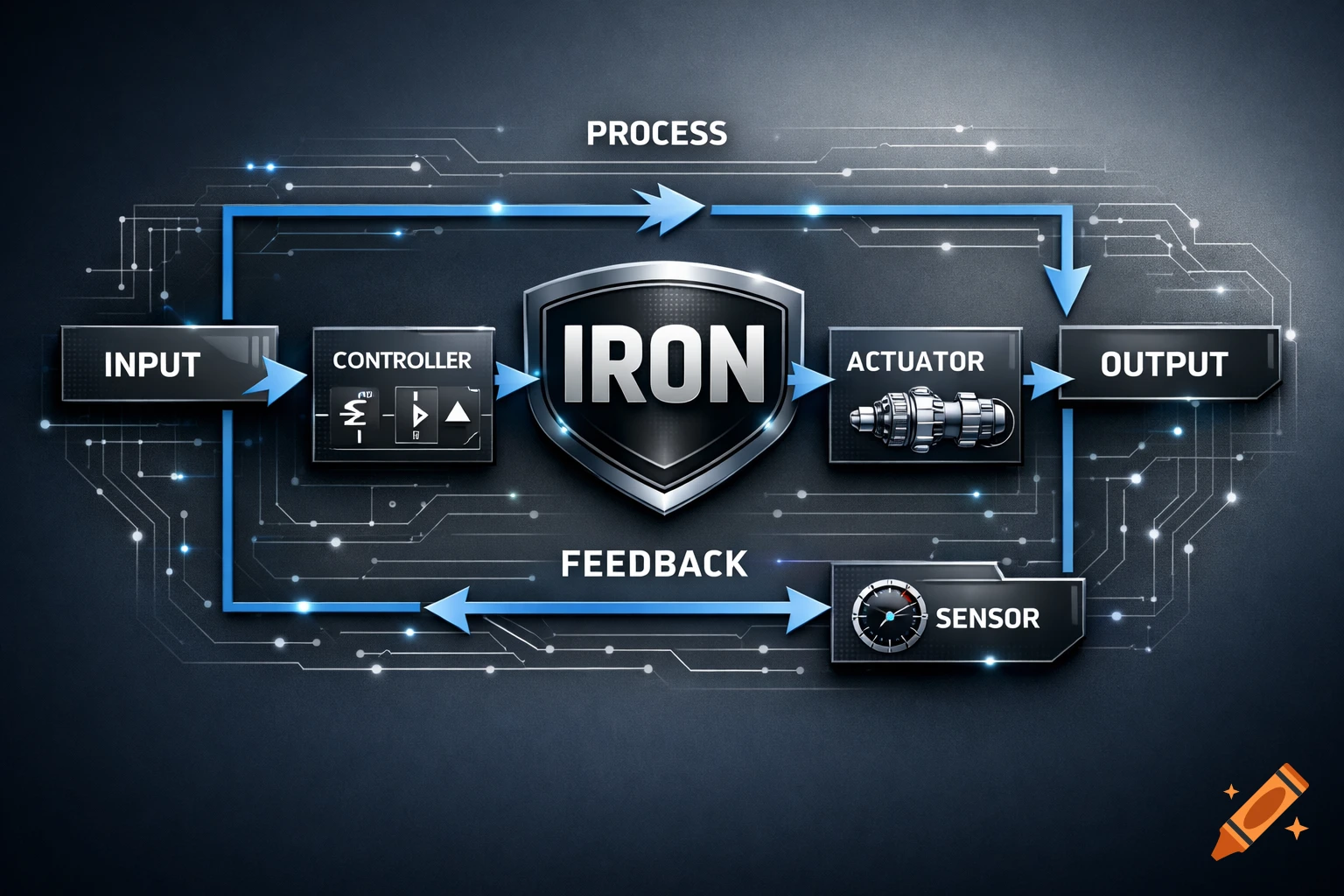 A detailed block diagram of a closed-loop control system with labels: INPUT, CONTROLLER, IRON, ACTUATOR, OUTPUT, PROCESS, FEEDBACK, SENSOR, against a dark, circuit-like background.