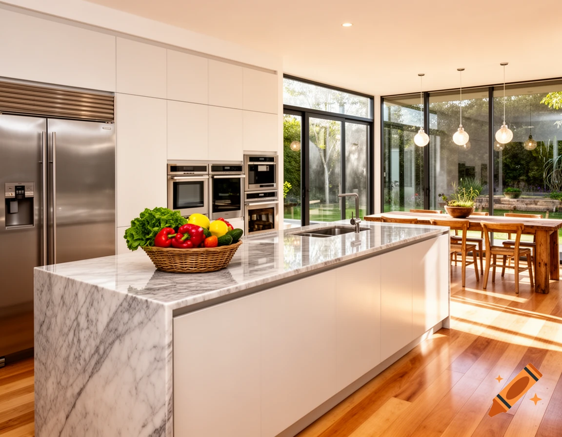 A modern kitchen with a white marble island, stainless steel appliances ...
