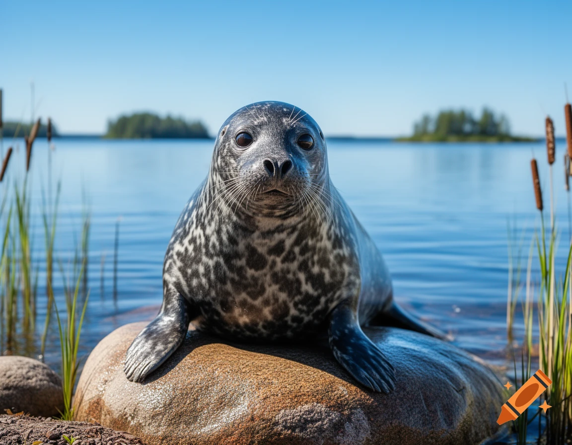 A photorealistic Saimaa ringed seal rests on a large rock in a calm lake under a clear blue sky, with reeds on the sides.