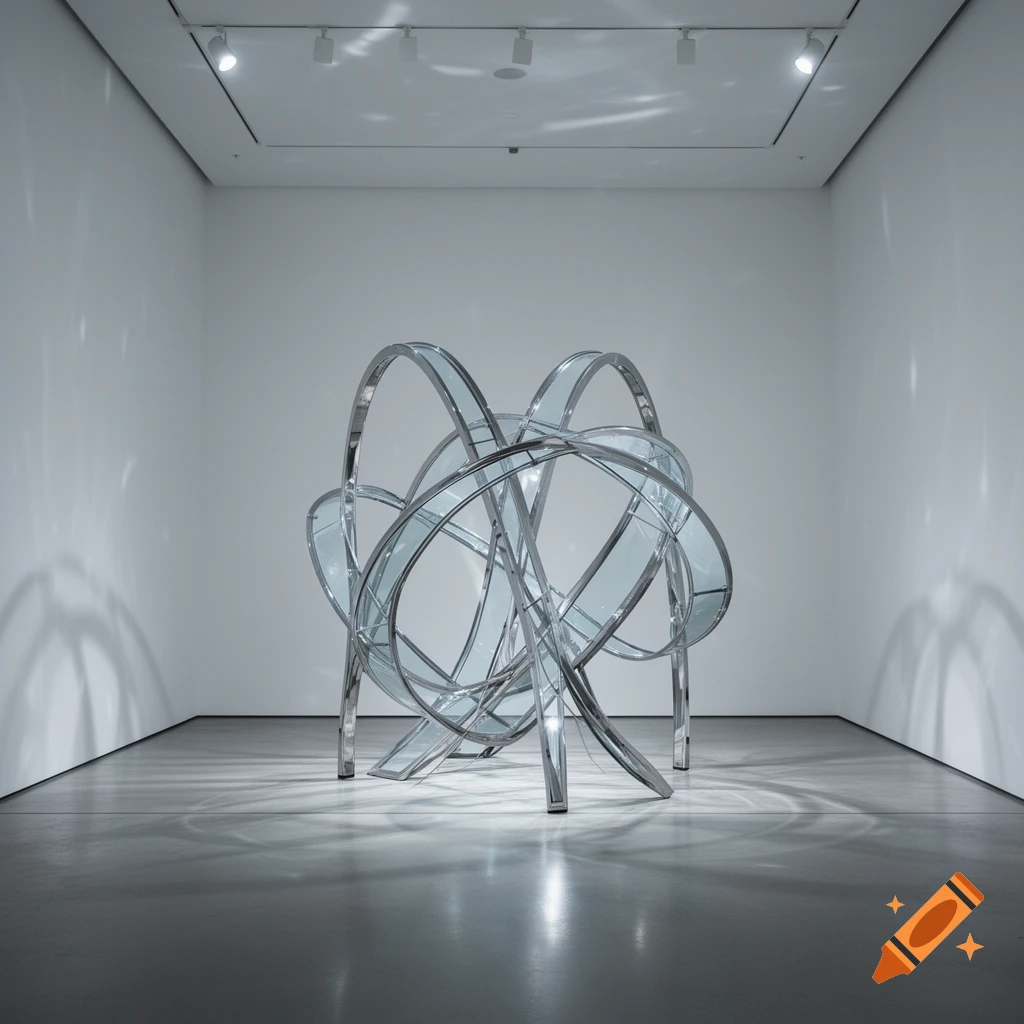 A shiny, silver, abstract sculpture with interconnected reflective rings in a well-lit modern art gallery.