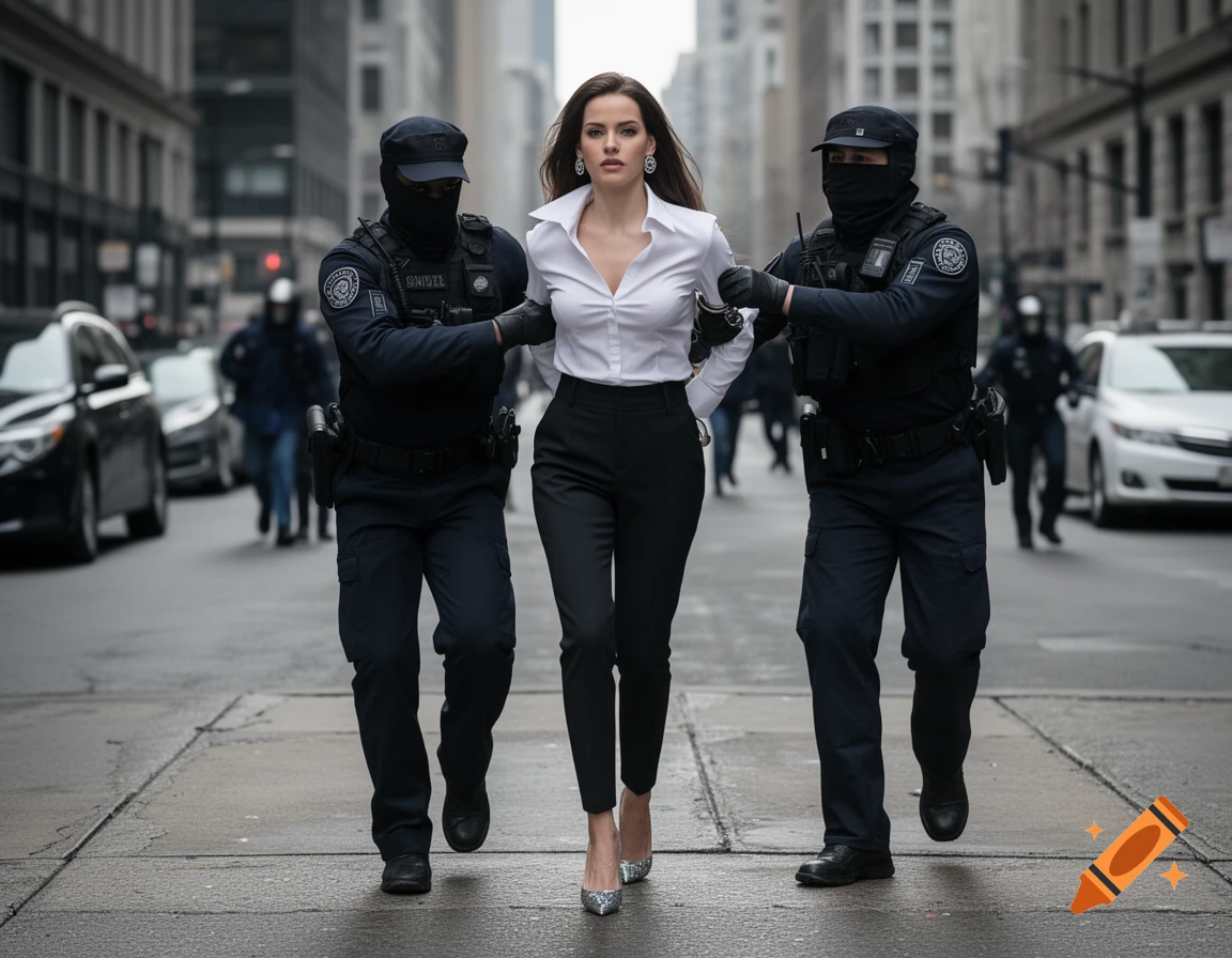 Photorealistic image of a woman in a white shirt and black pants being escorted by two masked officers on a city street.