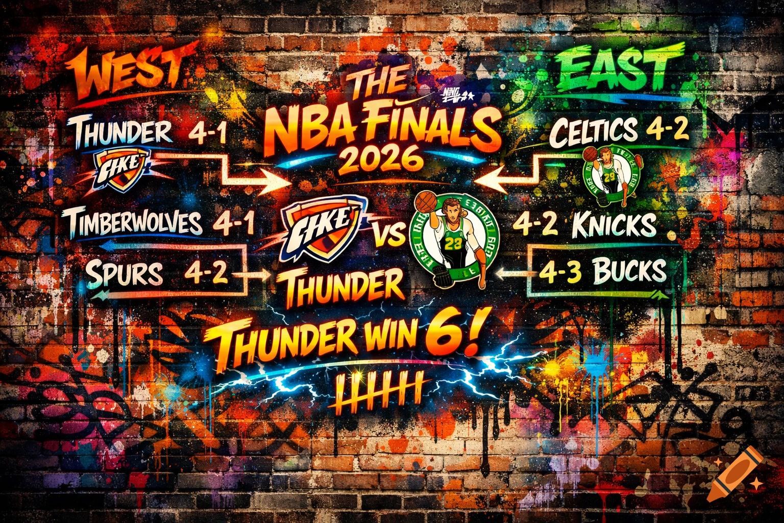 A colorful graffiti-style NBA Finals 2026 playoff bracket on a brick wall, showing the Thunder winning in 6 games.
