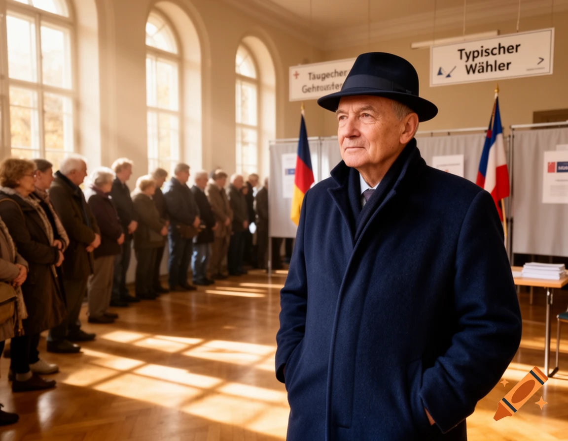 A man in a dark coat and fedora stands in a hall, looking left, with people in line and flags in the blurry background, a sign reads "Typischer Wähler".
