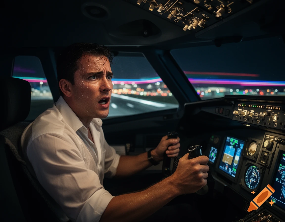 A sweating, panicked pilot grips flight controls in a dimly lit cockpit with city lights blurring outside.