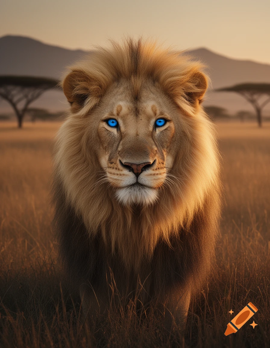 A close-up, photorealistic portrait of a majestic lion with striking blue eyes, standing in a golden savanna at sunset.