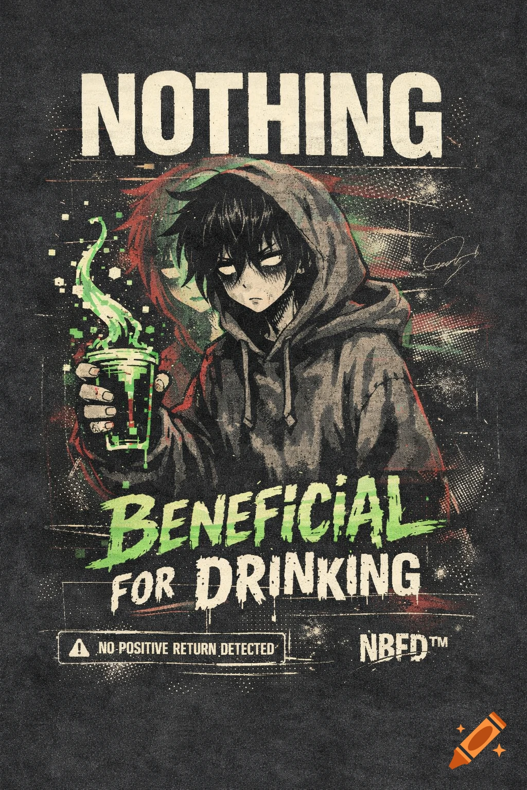 An anime character in a hoodie with hollow eyes holds a glitching green drink, above text reading "NOTHING BENEFICIAL FOR DRINKING" on a distressed black background in an edgy, cyber grunge style.