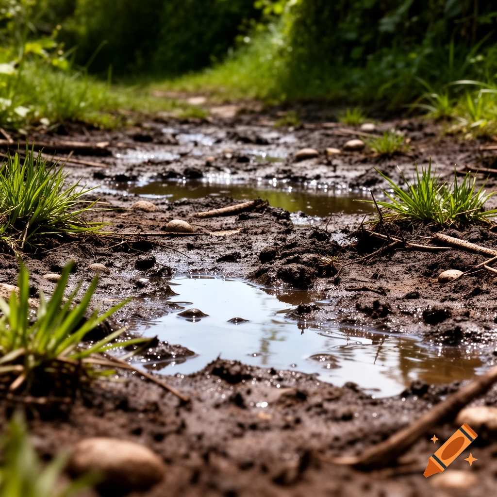 A close-up, low-angle view of a muddy dirt path with puddles and green grass on the sides, surrounded by blurred greenery.