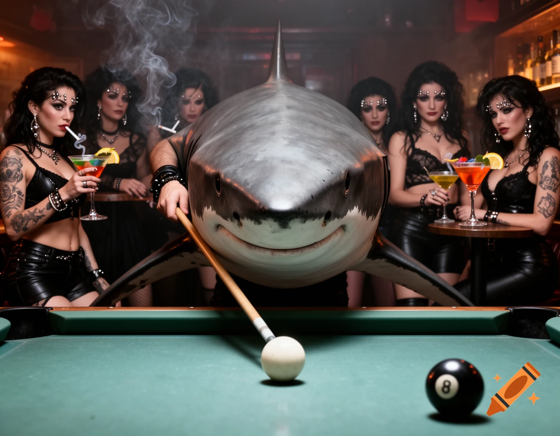 A great white shark aims a pool cue at the 8-ball on a pool table, with goth women in tight black outfits smoking and drinking cocktails in a bar background.
