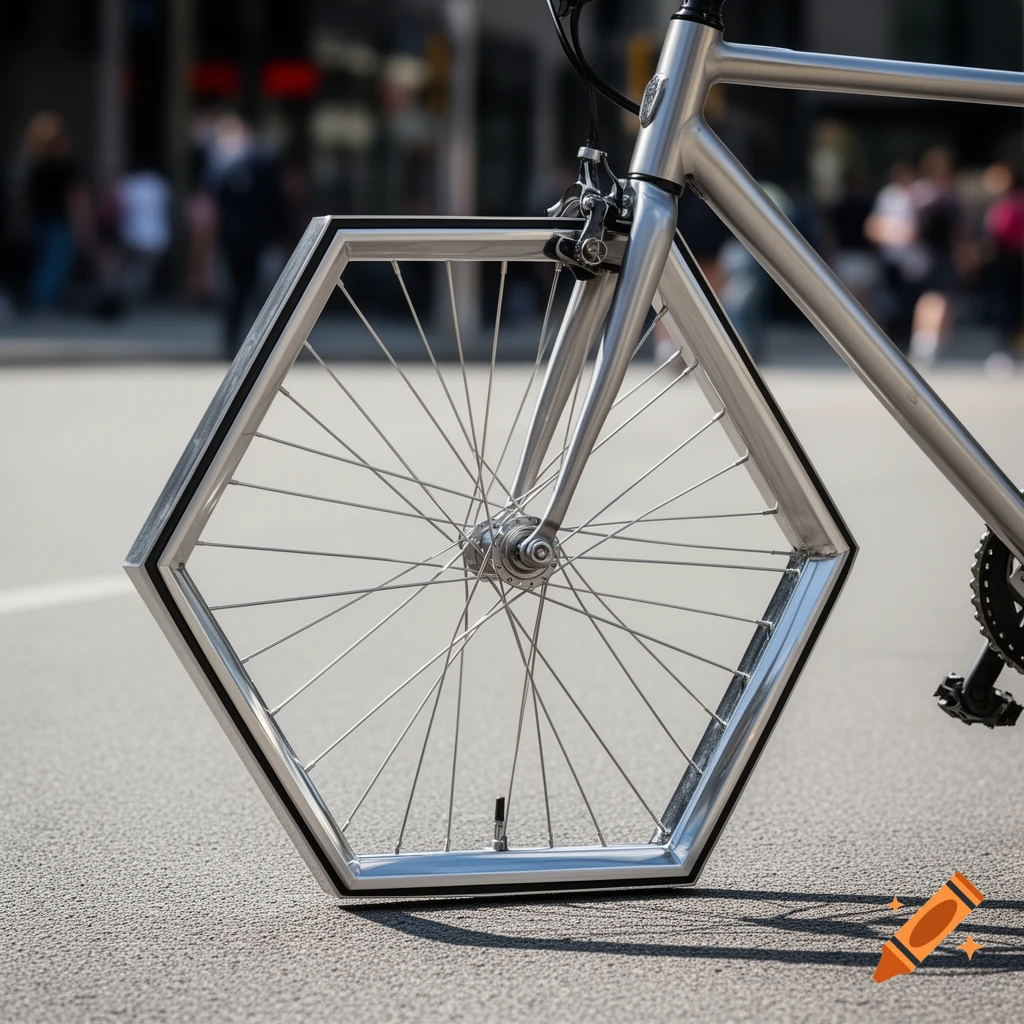 Close-up of a silver bicycle with a hexagonal front wheel on an asphalt street with a blurred city background.