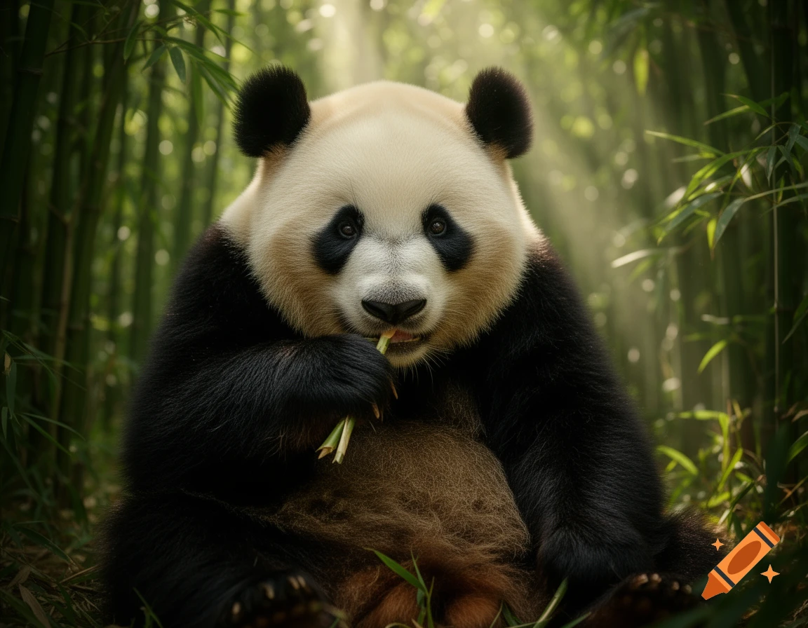 A photorealistic giant panda sits in a sunlit bamboo forest, eating a ...