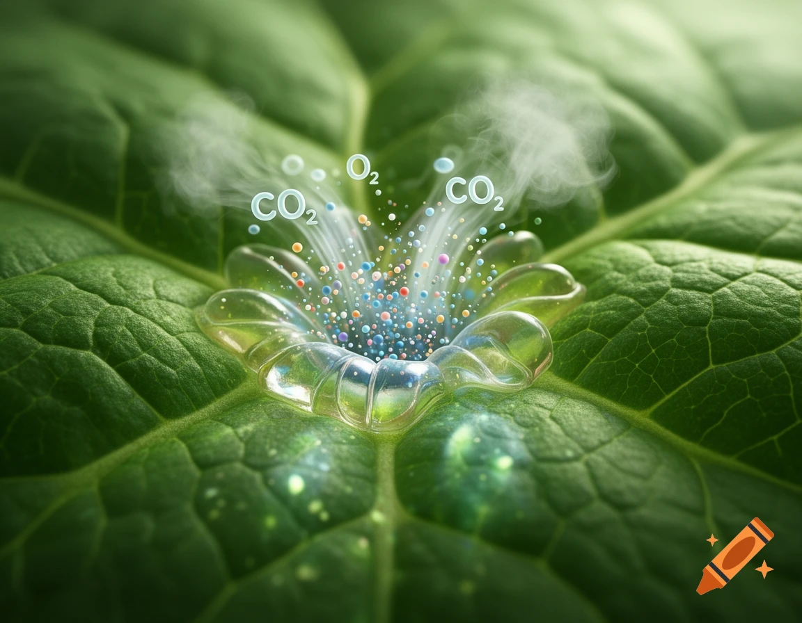 Close-up of a green leaf with a clear, shimmering structure, illustrating CO2 entering and O2 exiting, representing plant respiration or photosynthesis in a conceptual, artistic style.