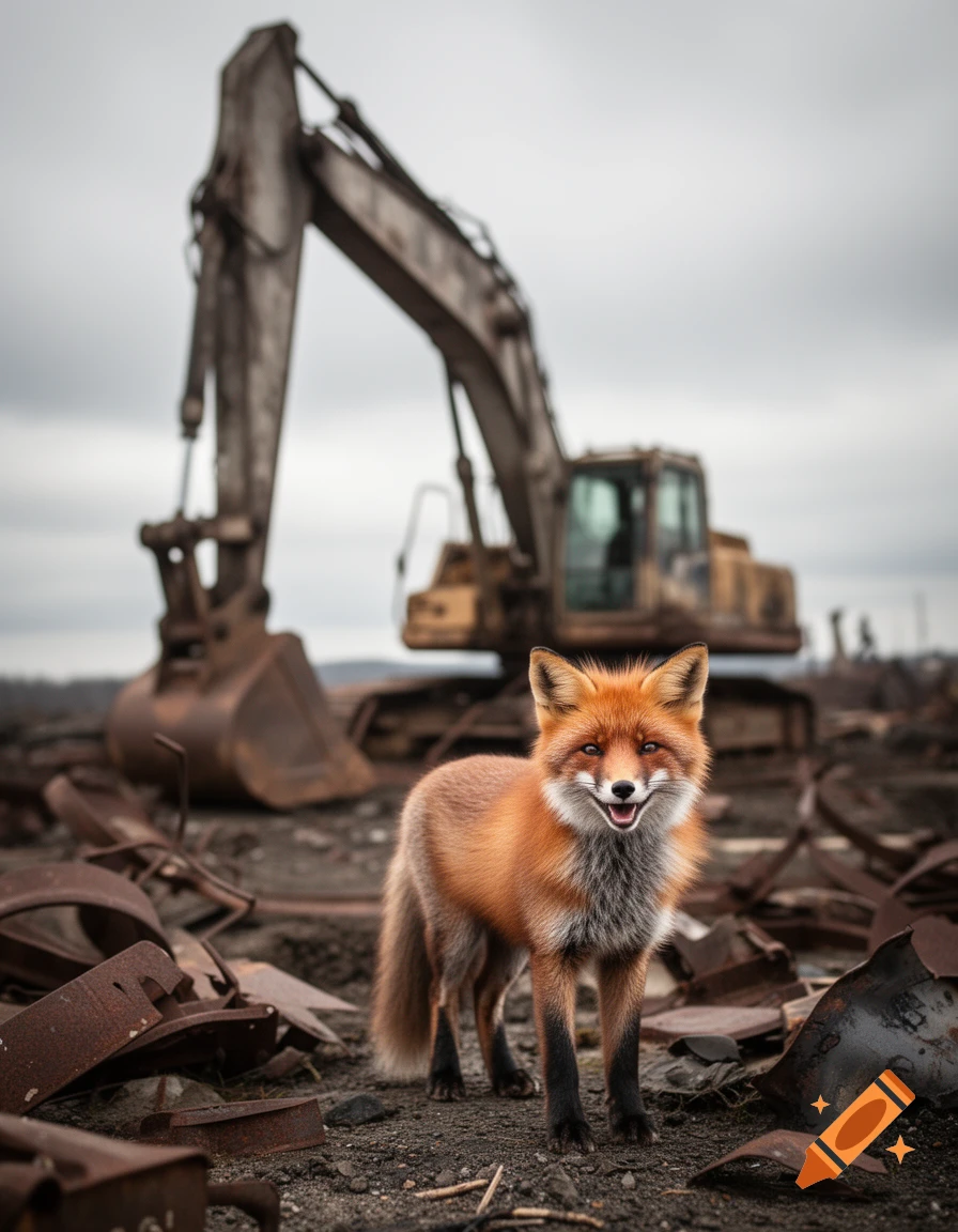 A red fox stands on debris with a blurred excavator in the background, under a cloudy sky.