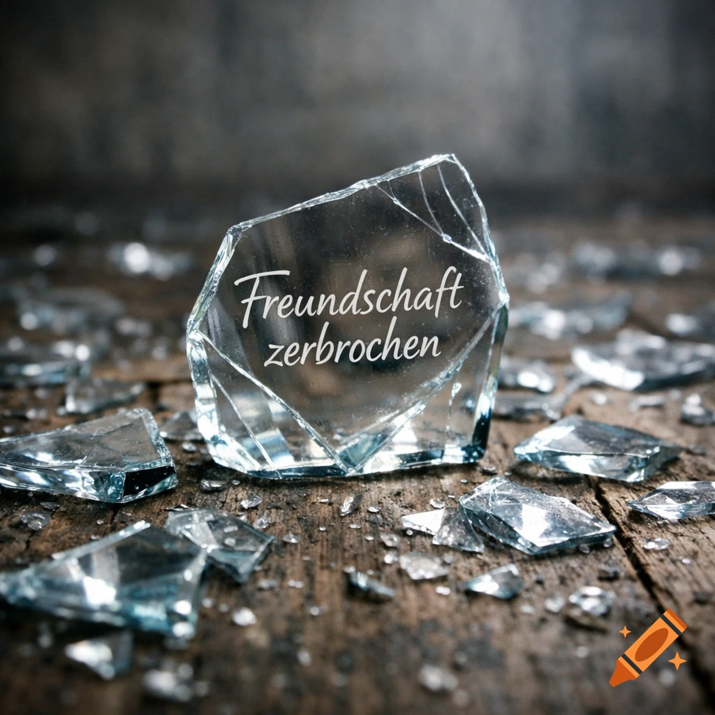 A close-up of a large piece of broken glass with the words 'Freundschaft zerbrochen' (Friendship broken) etched on it, surrounded by smaller shards on a wooden surface in a photorealistic style.