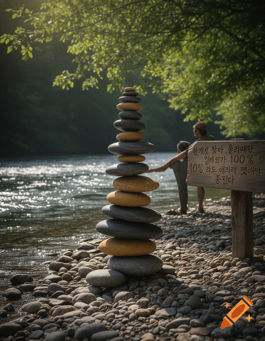 A tall cairn of gray and golden rocks on a sunny riverbank with a wooden sign in Korean and blurred figures in the background.