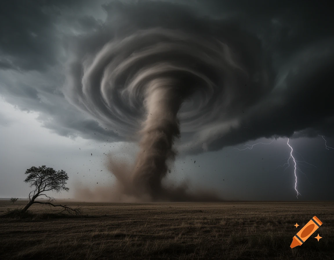 A massive, dark tornado touches down in a dry grassy field under a stormy sky with a lightning strike.