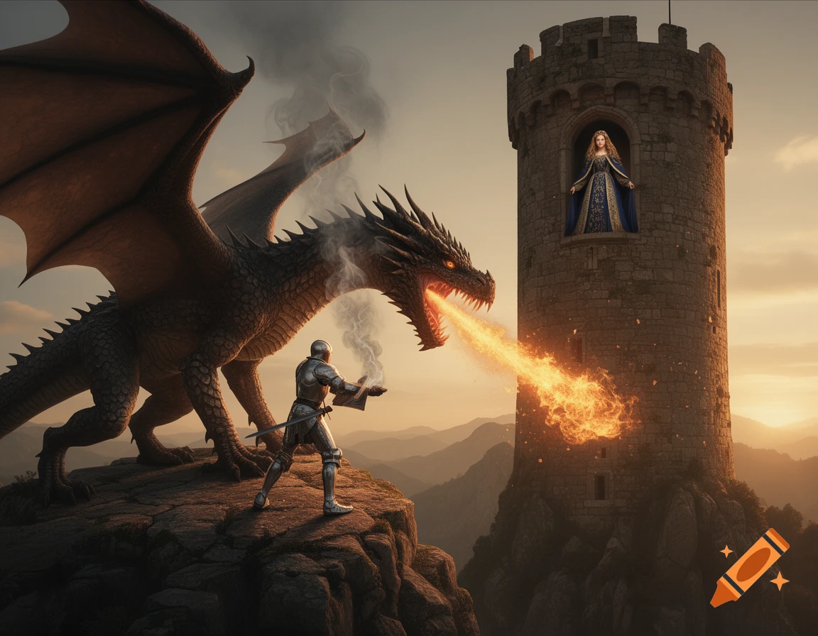 A knight confronts a fire-breathing dragon on a cliff, while a princess watches from a castle tower at sunset.