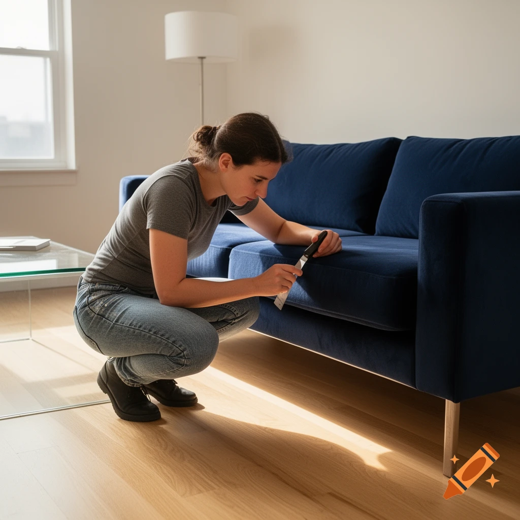 A woman crouches beside a navy blue sofa, using a tool on its edge in a bright living room.