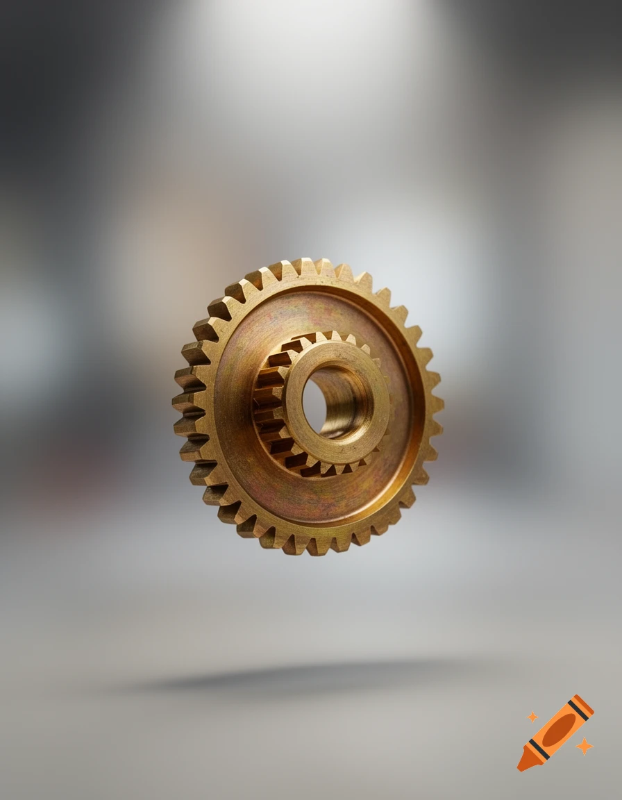 A detailed golden brass gear appears to float against a soft, blurred grey background.