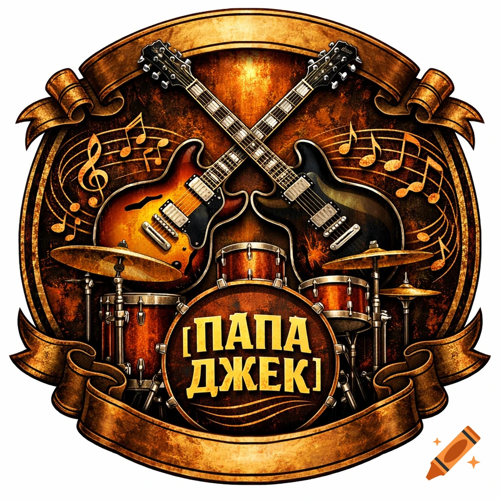 A vintage-style blues-rock band emblem featuring crossed electric guitars, a drum kit, music notes, and a banner with the text 'ПАПА ДЖЕК'.