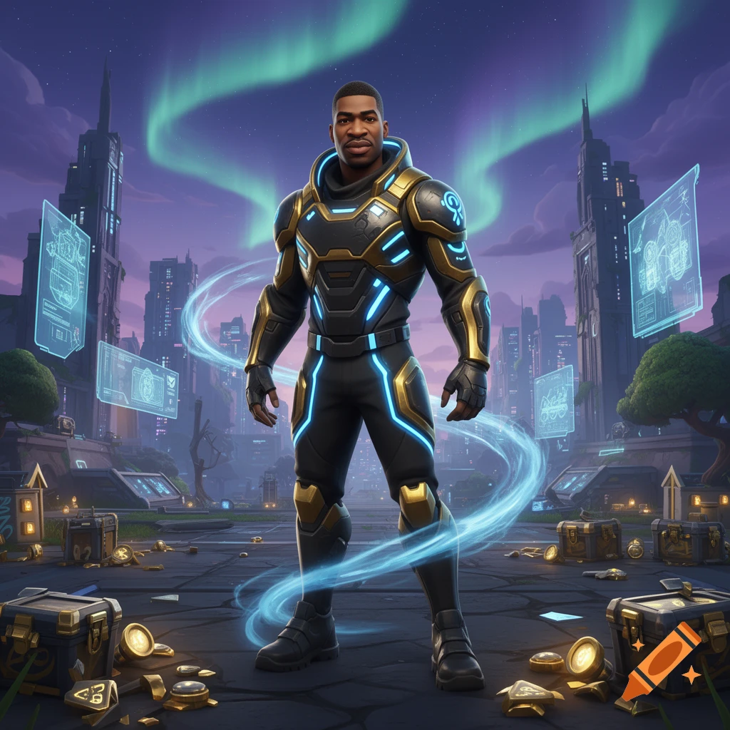 A strong Black man in a black and gold sci-fi suit with glowing blue accents stands in a futuristic city with aurora lights.