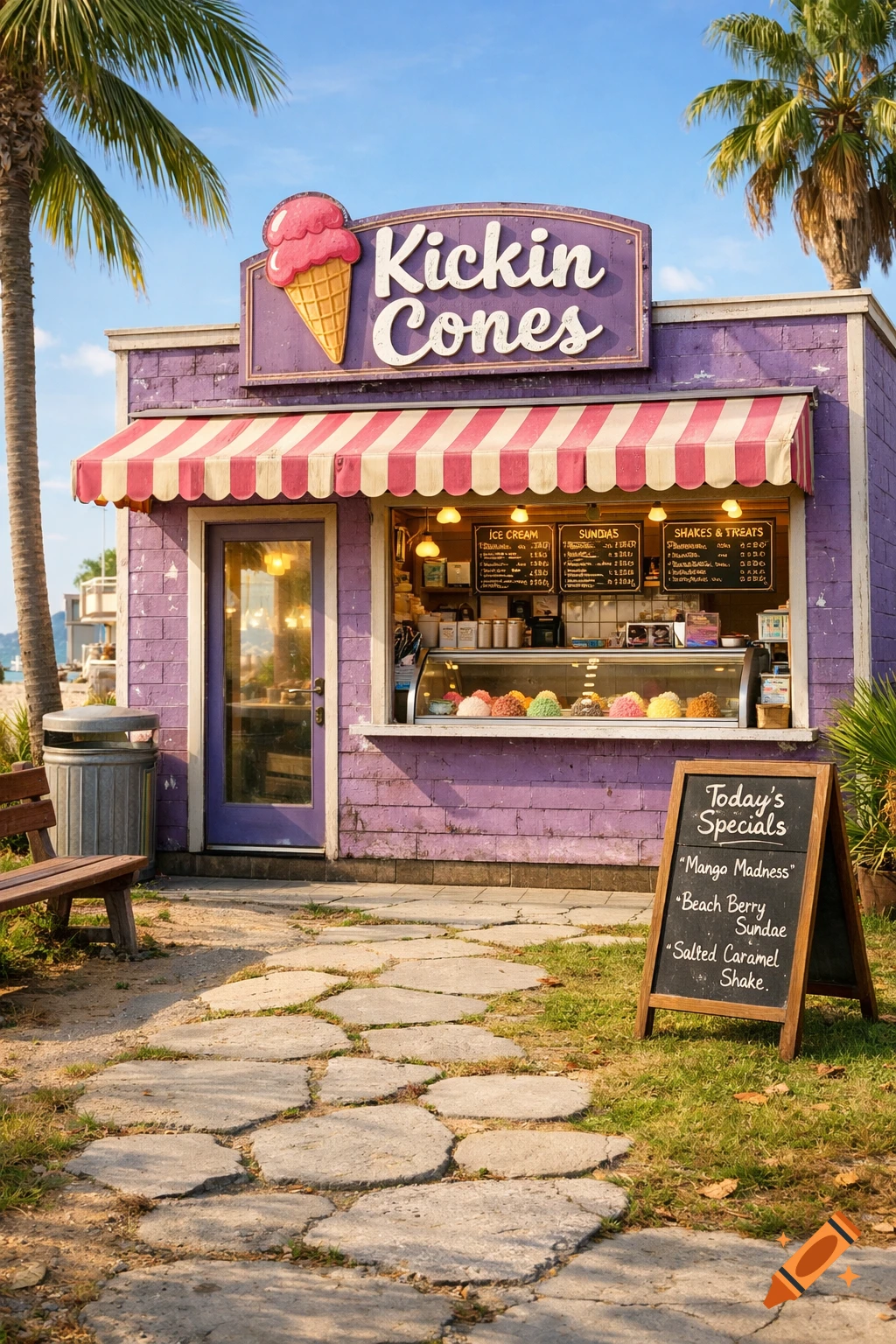 Photorealistic image of a purple ice cream shop 'Kickin Cones' with a striped awning, palm trees, stone path, bench, and chalkboard specials sign.